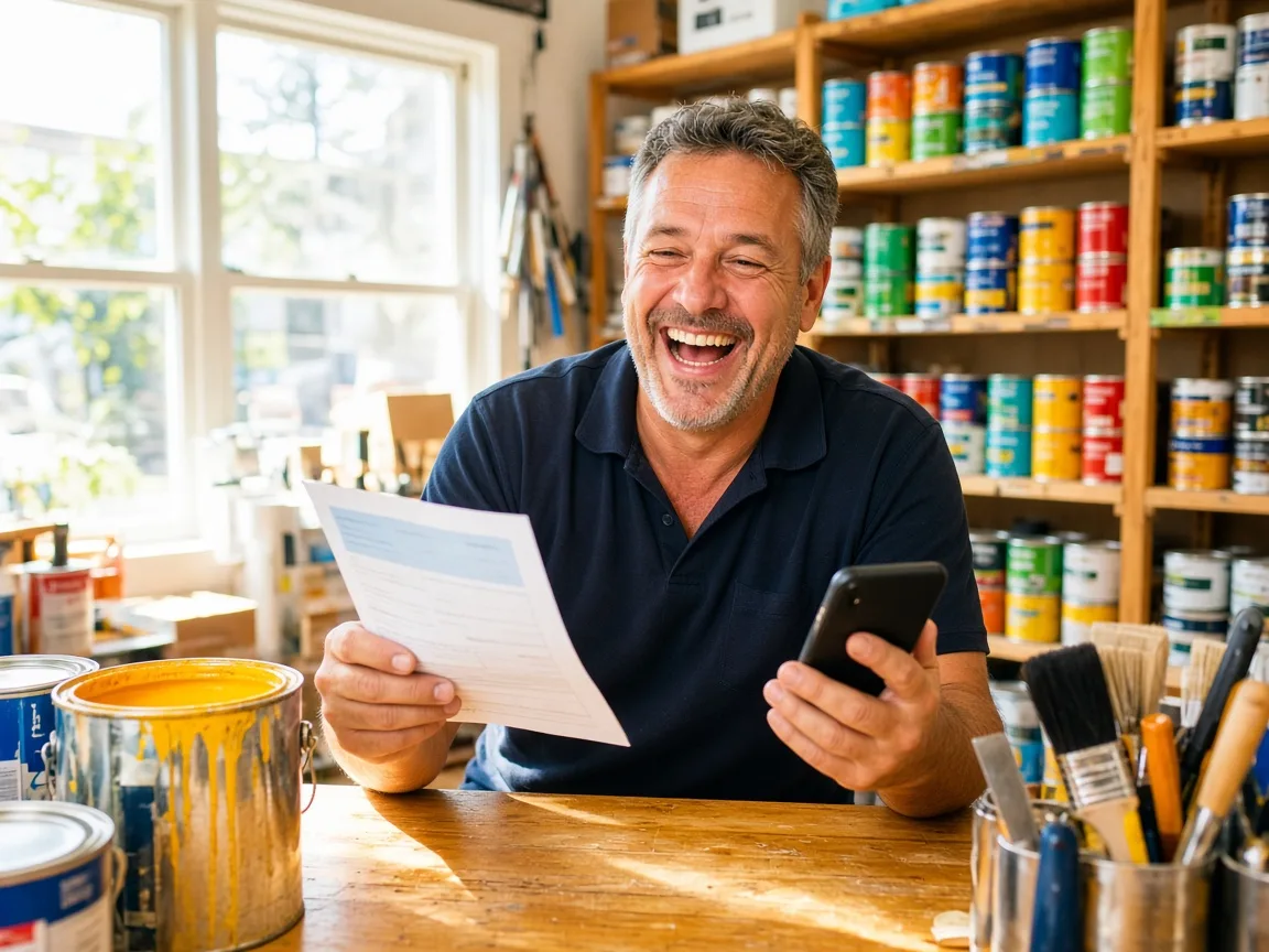 A smiling hardware store owner laughing at his sunny shop counter while reading his electricity bill