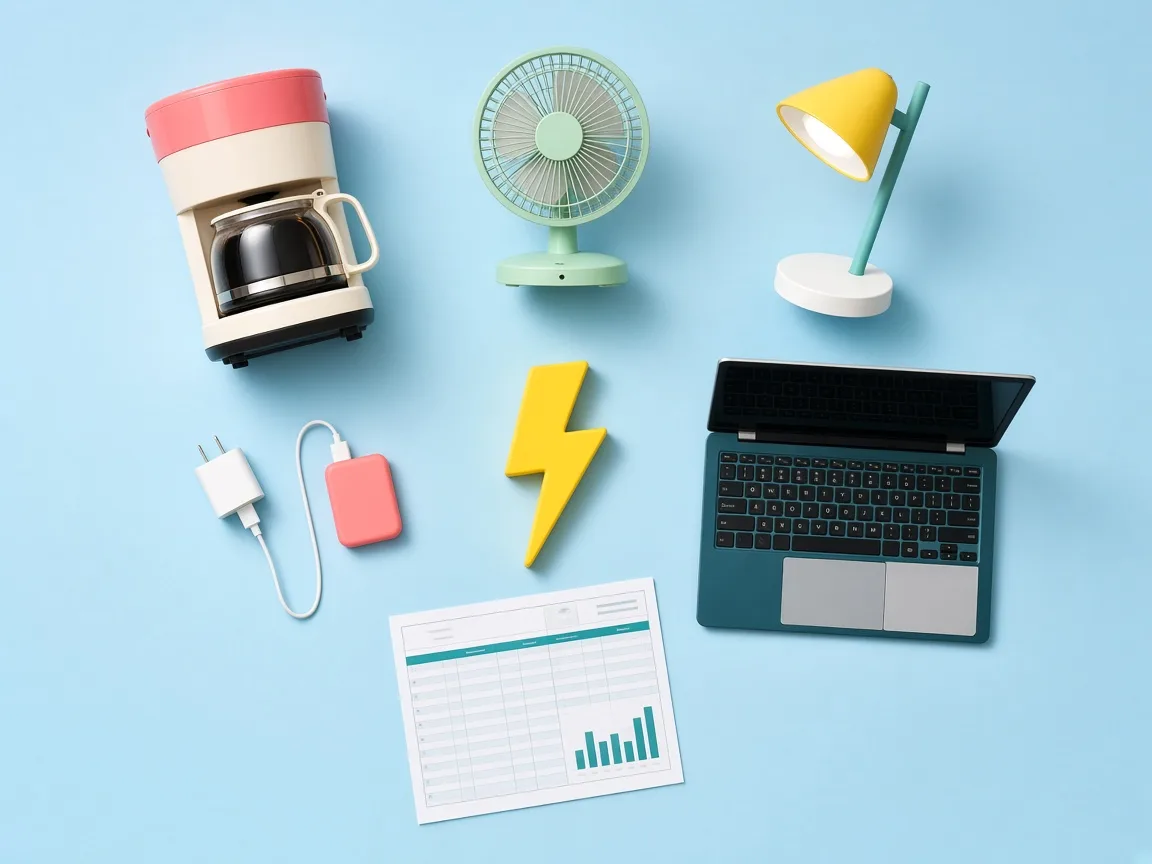 Overhead flat lay of a coffee maker, desk fan, lamp, chargers, laptop, a yellow lightning bolt and an electricity bill on a sky-blue background