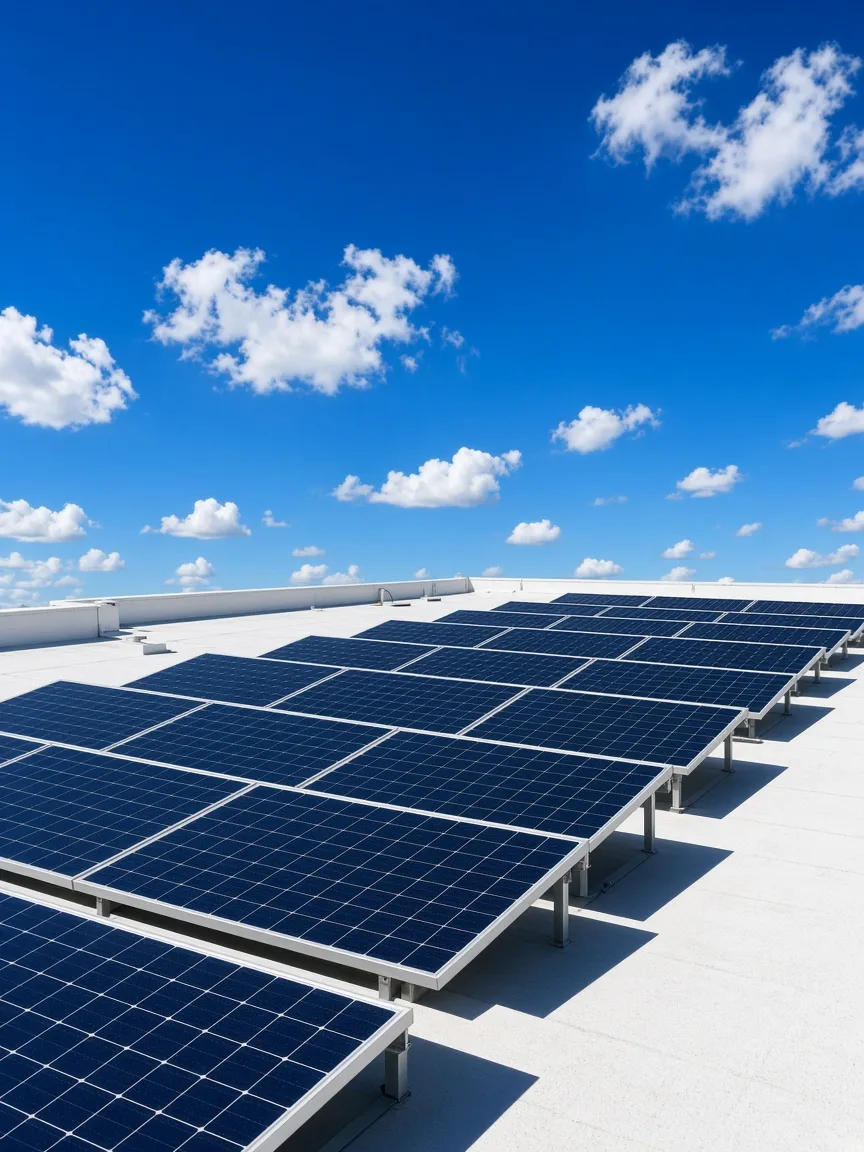 Rows of clean solar panels on a white commercial rooftop under a bright blue sky