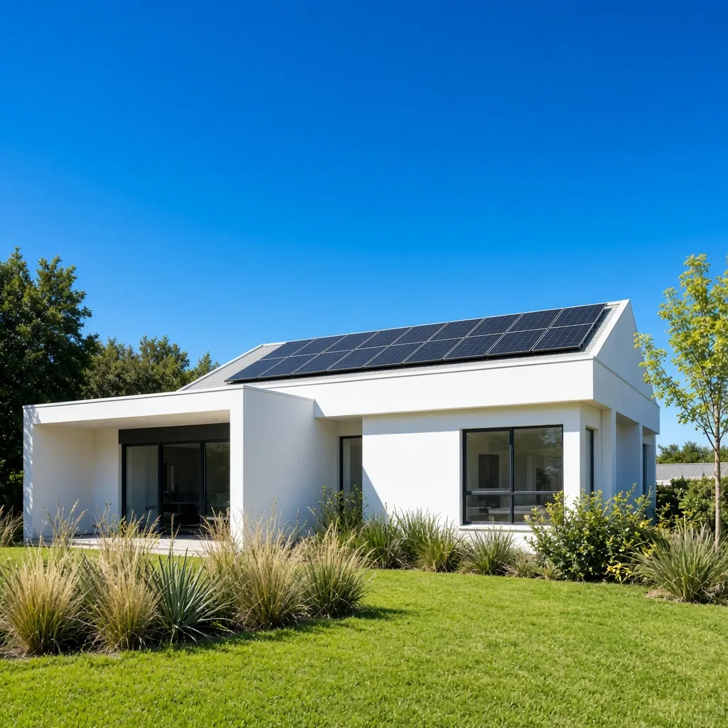 A bright modern white home with rooftop solar panels under a clear blue sky
