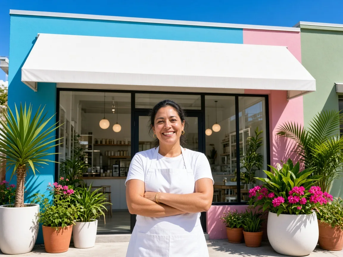 A smiling restaurant owner with arms crossed in front of her bright, colorful storefront on a sunny day