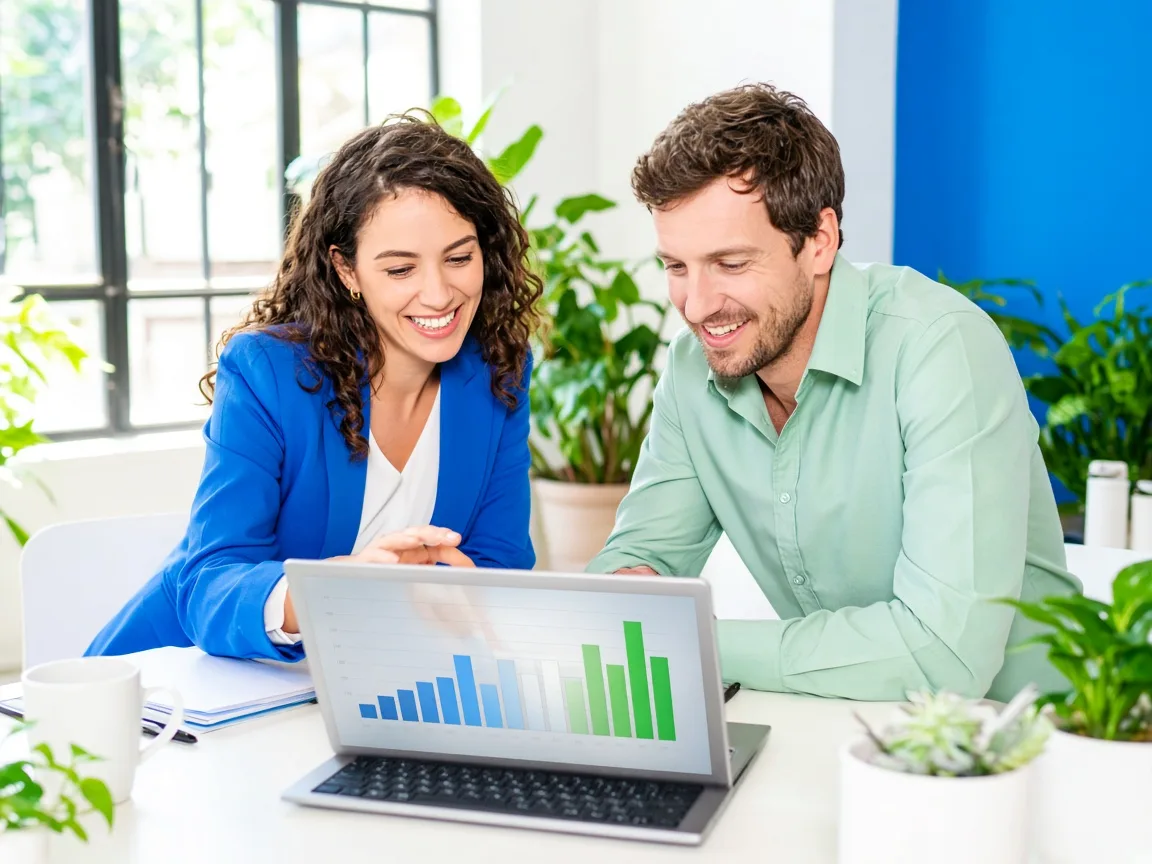 Two business partners smiling while reviewing an energy cost chart on a laptop in a bright office